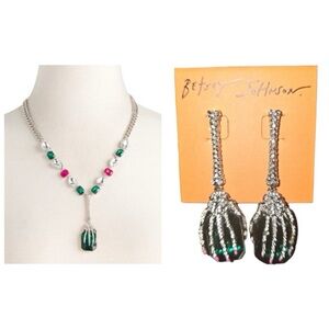 BETSEY JOHNSON SET Halloween Witch Skeleton Gem in Hand Necklace & Earrings NWT
